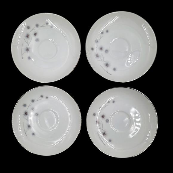 Creative Platinum Star Burst Saucers 5 3/4" Silver Trim Japan Gray Set of 4 - Picture 4 of 7